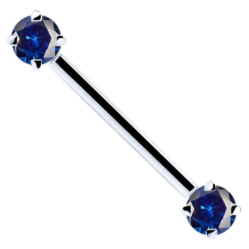 14k white gold straight barbell with dual blue round CZ stones in prong settings, front view