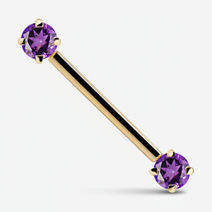 14K yellow gold straight barbell with dual purple CZ prong settings, angled product view