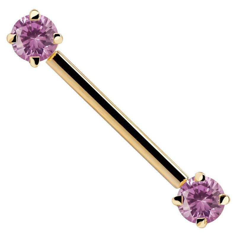 14k yellow gold straight barbell with pink round CZ ends, close-up showing prong detail