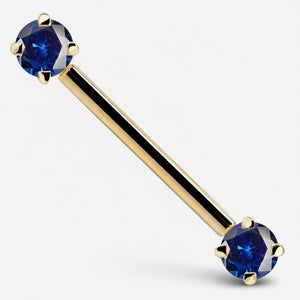 14k yellow gold straight barbell with dual blue CZ prong-set ends, angled product view