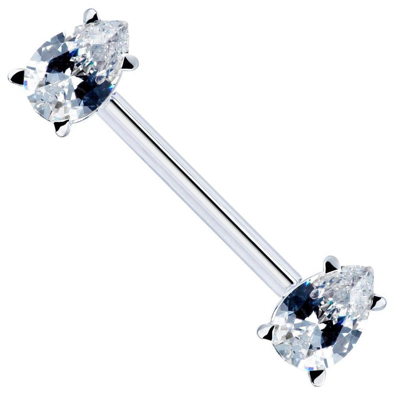 14k white gold straight barbell with dual pear-shaped CZ in basket settings, angled view