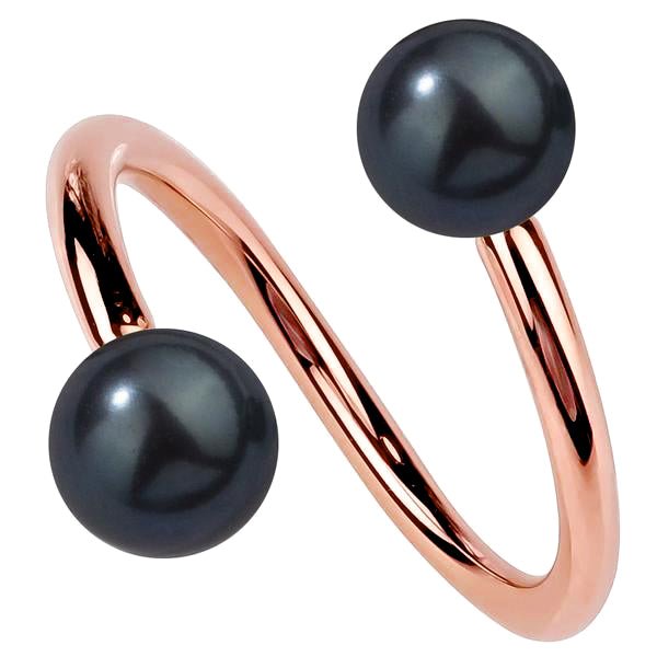 14K rose gold twister spiral barbell with dual cultured peacock pearl ends, front view