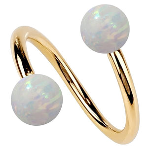 14k yellow gold twister spiral barbell with dual simulated opal ball ends, front view