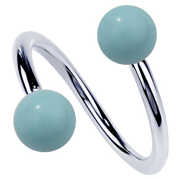 14K white gold spiral twister barbell with dual simulated turquoise ball ends, front view