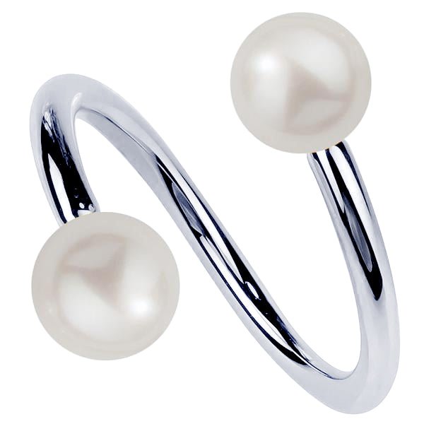 14K white gold cultured pearl spiral barbell showing cool silver-toned twist design
