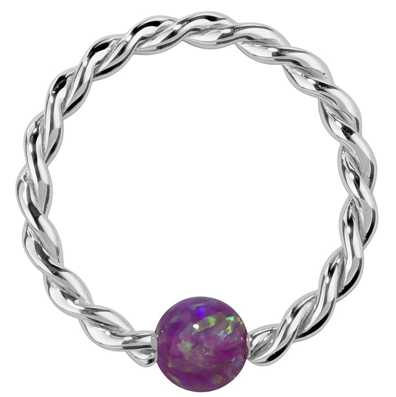14K white gold twisted captive bead ring with purple opal bead, front view on white background