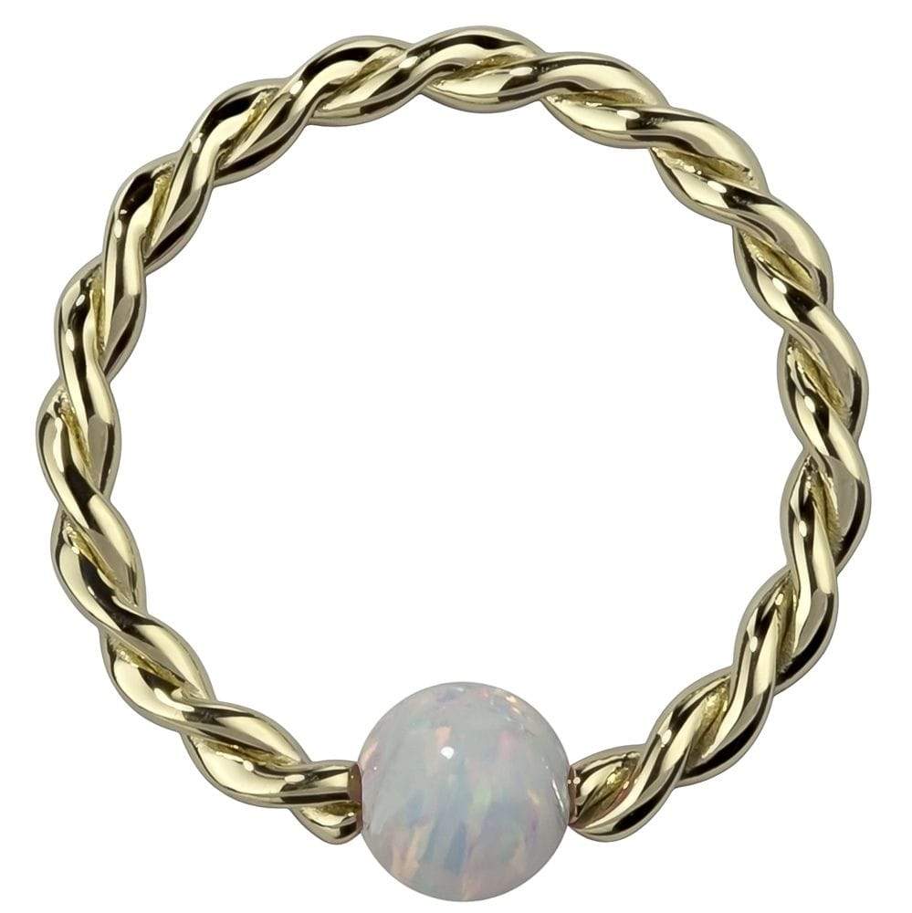 White Opal 14K Gold Twisted Captive Bead Ring Hoop-14K Yellow Gold   12G (2.0mm)   3 4" (19mm)