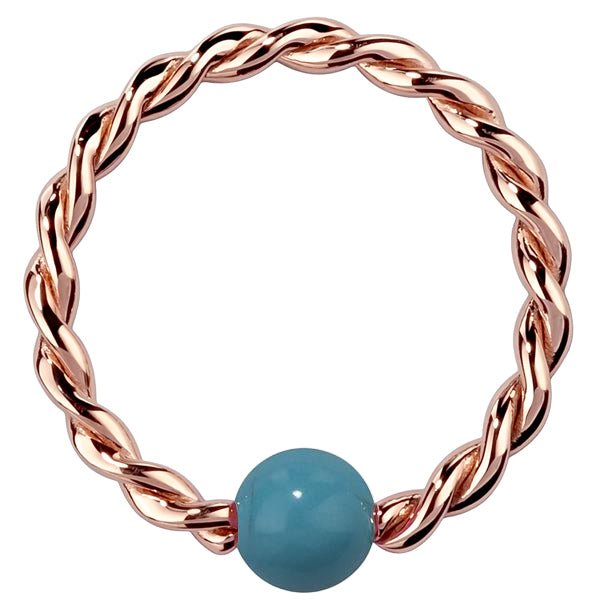 14K rose gold twisted captive bead ring with faux turquoise bead, front view