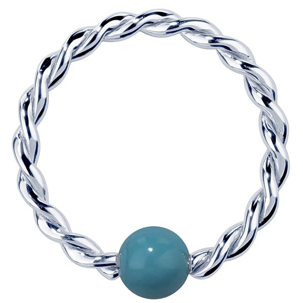 14K white gold twisted captive bead ring with faux turquoise bead, front view