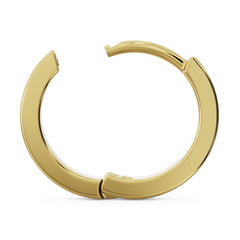 Side profile of 14k yellow gold 10mm huggie hoop showing angled band depth and open clasp detail