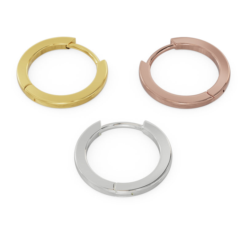 All three metal color options side by side: yellow gold, rose gold, and white gold huggie hoops