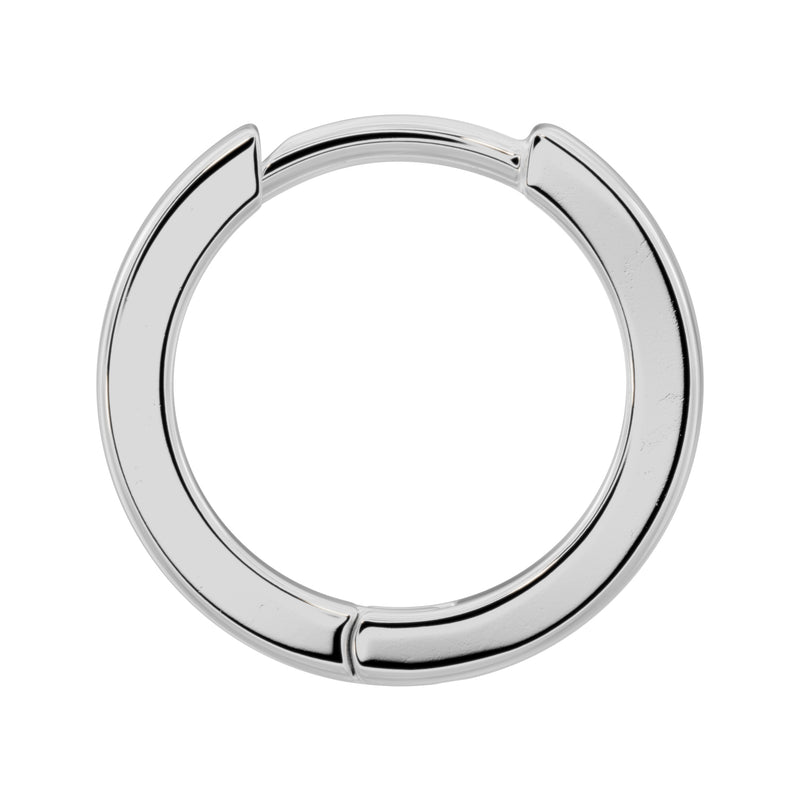 14k white gold 8mm huggie hoop earring, single front view showing polished finish and hinge