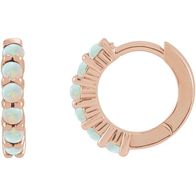 14k rose gold opal huggie hoop earrings showing front and side profile views