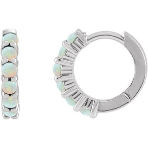 14k white gold opal huggie hoop earrings with iridescent genuine opal stones, front and side views