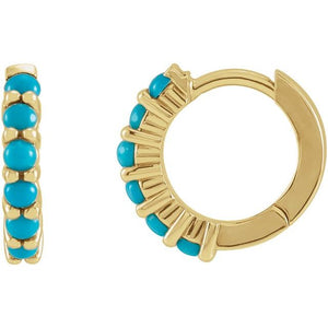14k yellow gold turquoise huggie hoop earrings with six cabochon stones, front and side view