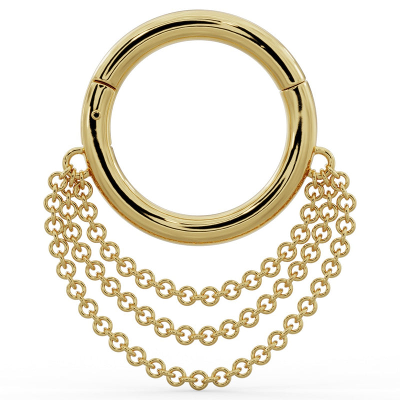 14k yellow gold clicker hoop ring with three cascading chains, front view