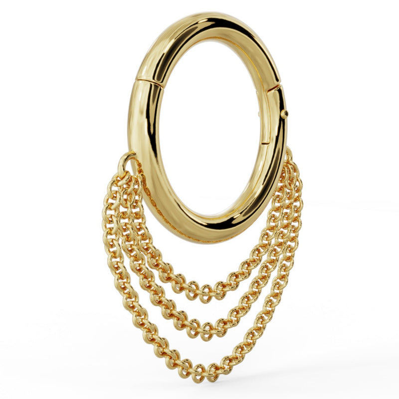 Angled side view of 14k yellow gold clicker ring showing rolo chain depth and profile