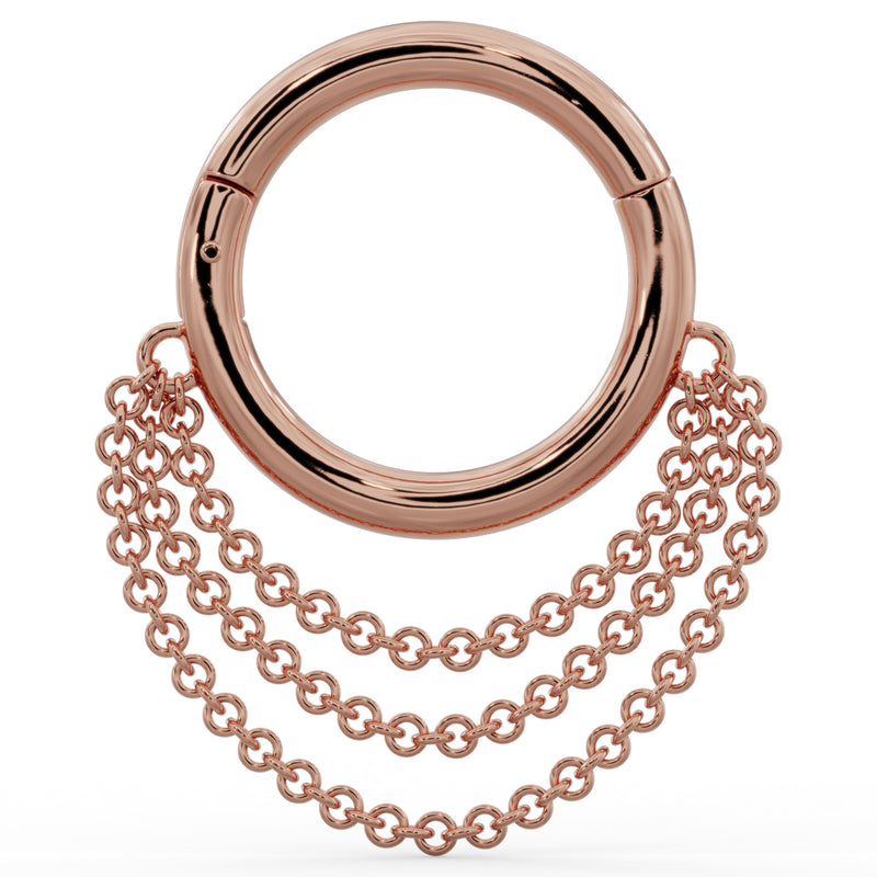 14k rose gold clicker hoop ring with three cascading chains, front view