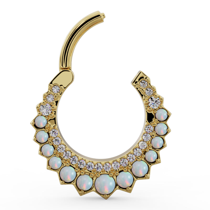 14k yellow gold opal diamond clicker ring shown open, revealing the hinged clicker closure mechanism