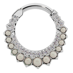 14k white gold pearl and diamond moon clicker ring hoop, front view with bright polished finish