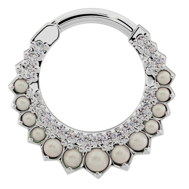 14k white gold pearl and diamond moon clicker ring hoop, front view with bright polished finish