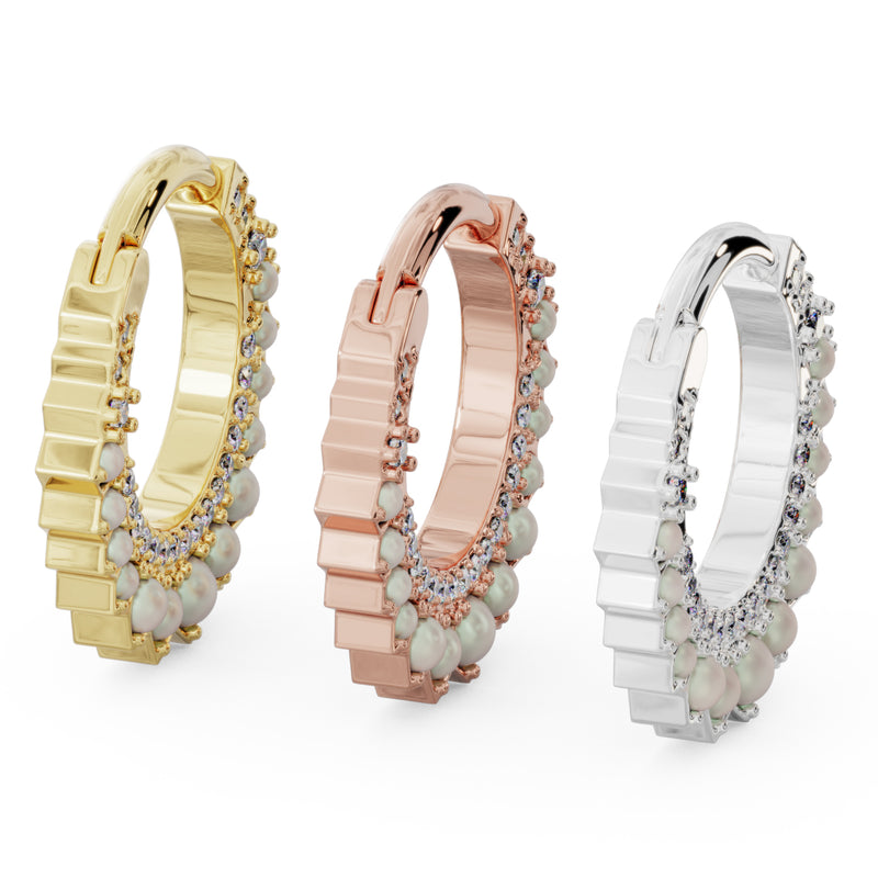Side-by-side comparison of yellow gold, rose gold, and white gold pearl diamond clicker hoops, angled side view