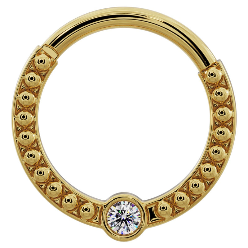Larger diameter 14k yellow gold diamond dome bead clicker ring, flat front view showing wider hoop