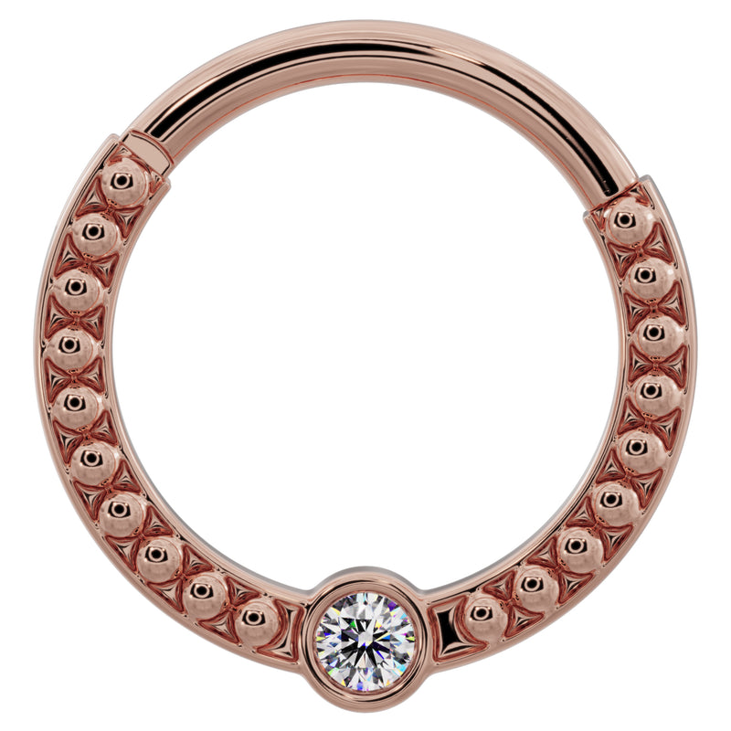Larger diameter 14k rose gold diamond dome bead clicker ring, flat front view showing wider hoop