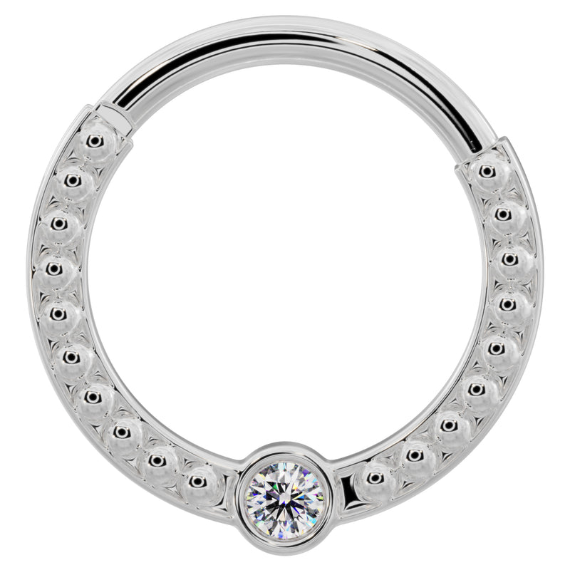 Larger diameter 14k white gold diamond dome bead clicker ring, flat front view showing wider hoop