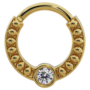 14k yellow gold diamond clicker ring with dome beads and bezel-set diamond, front view