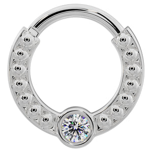 14k white gold diamond clicker ring with polished dome beads and center diamond, front view