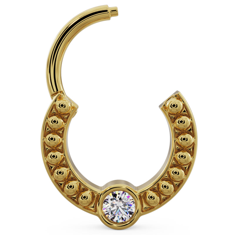 Smaller 14k yellow gold dome bead clicker ring open view, showing decorative beads and diamond
