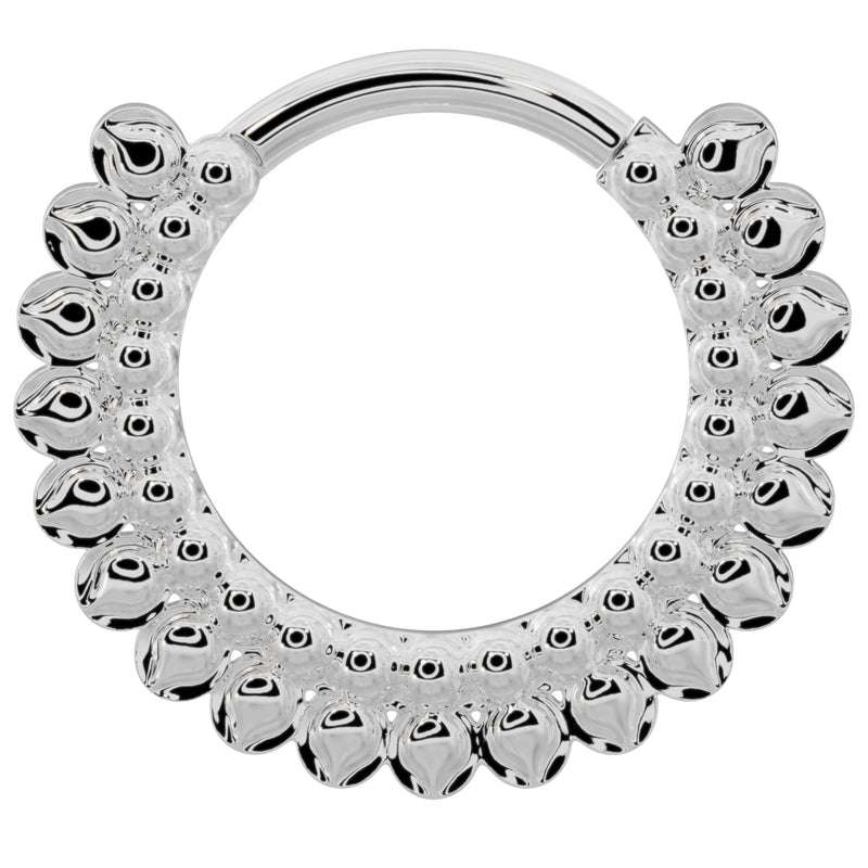 14k white gold petal clicker hoop larger size front view with bright polished stacked bubble design