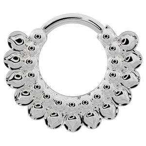 14k white gold petal clicker ring hoop with polished stacked bubble design, front view