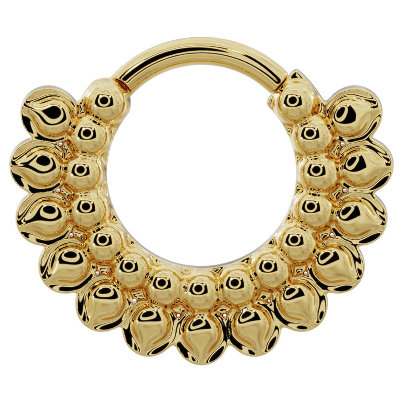 14k yellow gold petal clicker ring hoop with stacked bubble detail, front view
