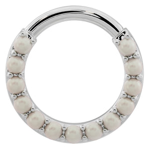 14k white gold pearl clicker ring hoop, front view with prong-set genuine pearls