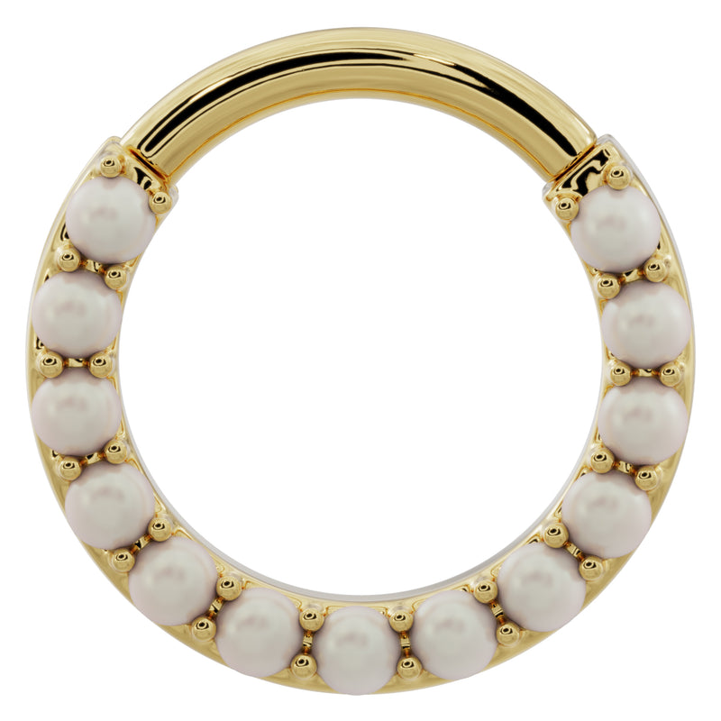 14k yellow gold pearl clicker ring hoop, front view showing prong-set genuine pearls