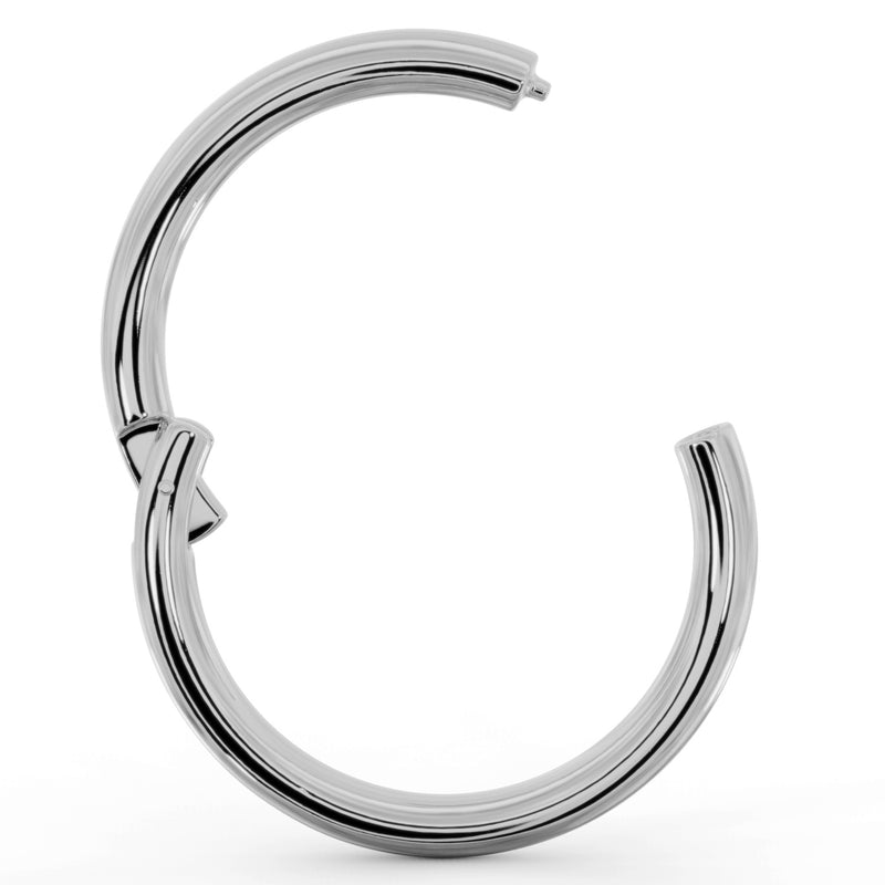 Platinum clicker ring hoop shown open at an angle, highlighting the secure click closure detail