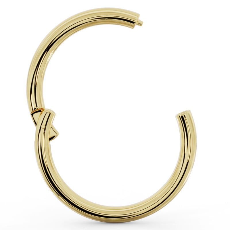 14k yellow gold plain clicker ring hoop shown open, close-up of hinged clasp mechanism detail