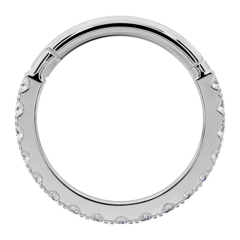 14k white gold CZ infinity clicker ring, larger diameter front view showing clicker hinge and full CZ row