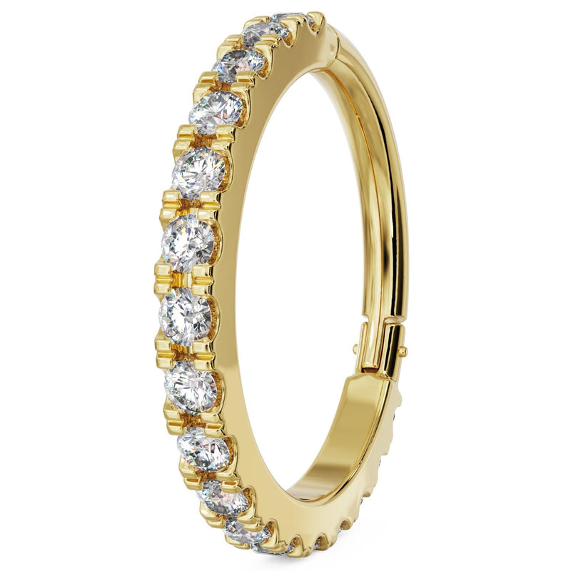 14k yellow gold CZ infinity clicker ring, larger diameter side view with full CZ-lined arc visible