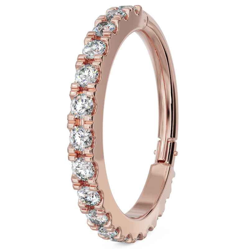14k rose gold CZ infinity clicker ring, larger size angled side view showing full row of round CZ stones