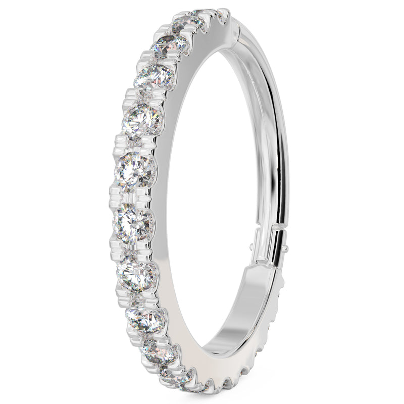 14k white gold CZ infinity clicker ring, wider gauge angled side view with full CZ row visible