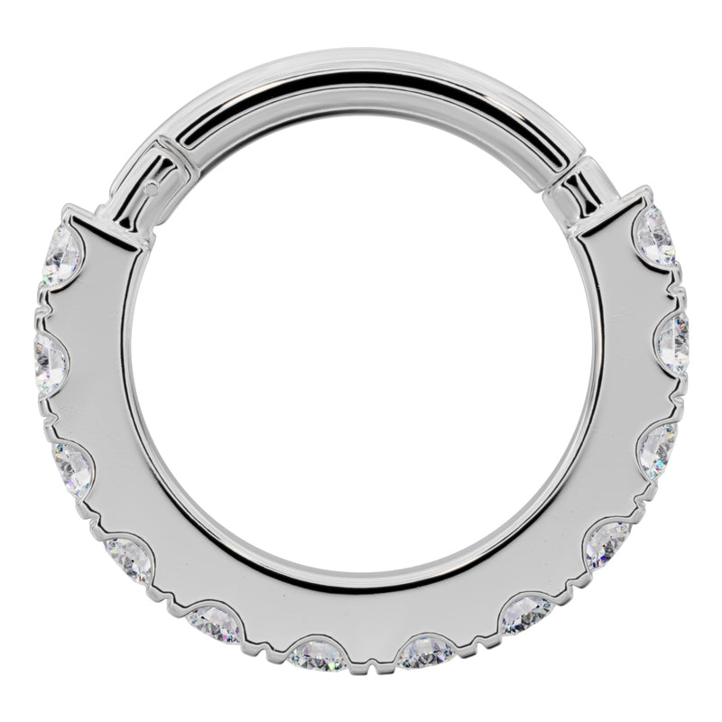 Front-facing view of 14k white gold CZ infinity clicker ring showing CZ border and smooth polished back