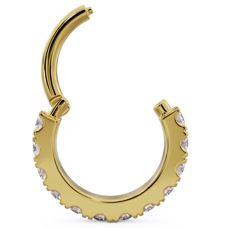 14k yellow gold diamond clicker ring shown open from inner side, highlighting hinge and diamond lower arc