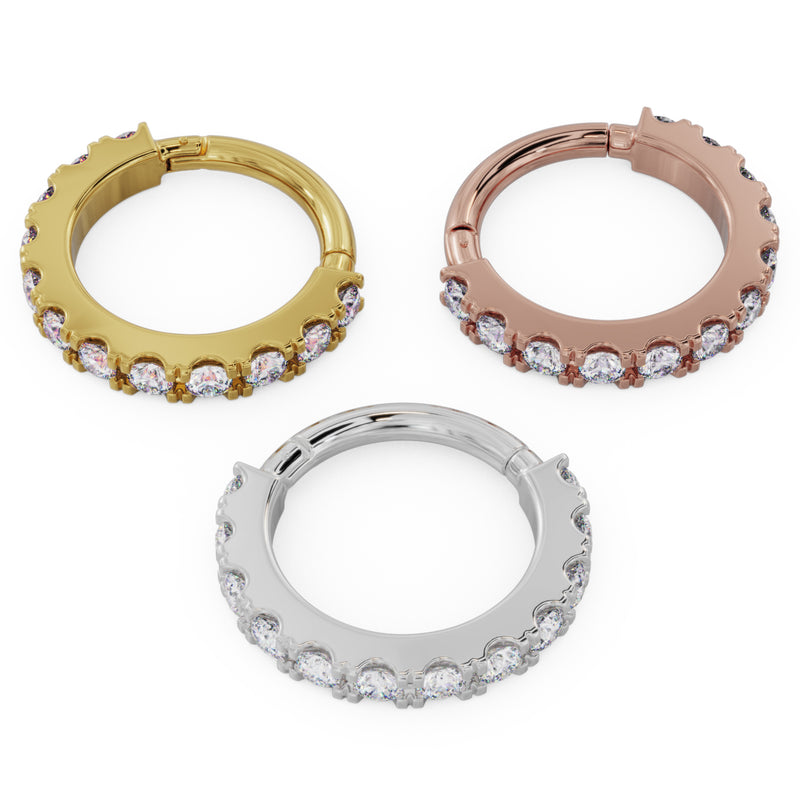 CZ infinity clicker rings in yellow, rose, and white 14k gold viewed from CZ face side, all three colors