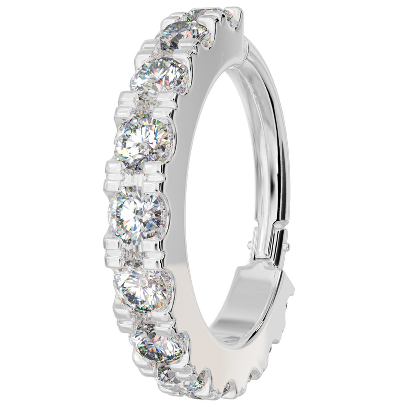 14k white gold CZ infinity clicker ring, angled view showing prong-set CZ stones and clicker hinge