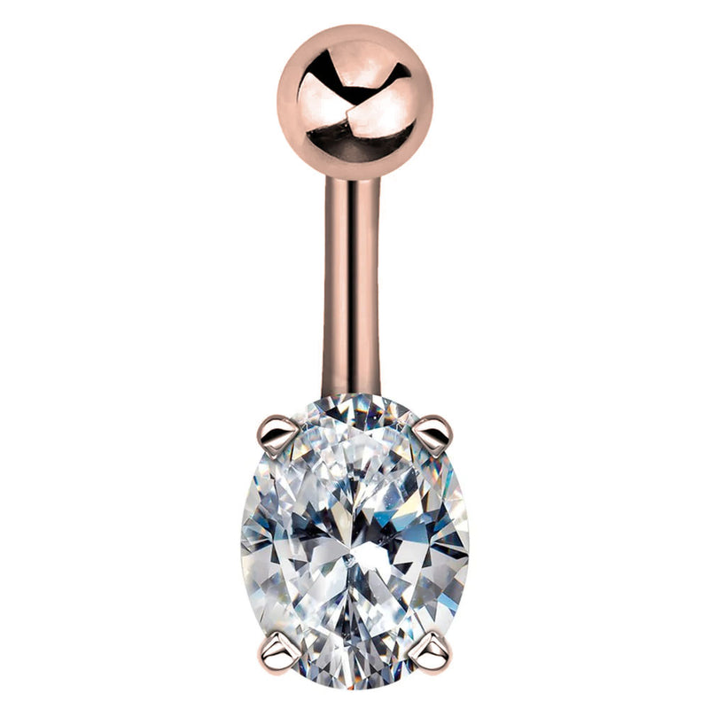14k rose gold navel ring with oval CZ stone in four-prong setting, front view