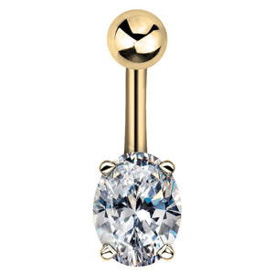 14k yellow gold belly button ring featuring oval cubic zirconia in prong setting