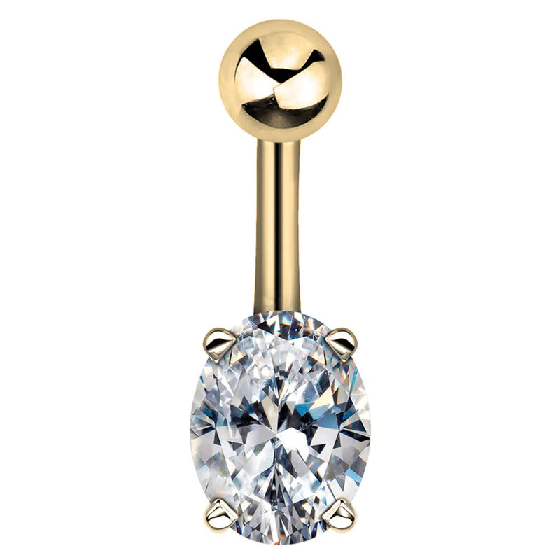14k yellow gold belly button ring featuring oval cubic zirconia in prong setting